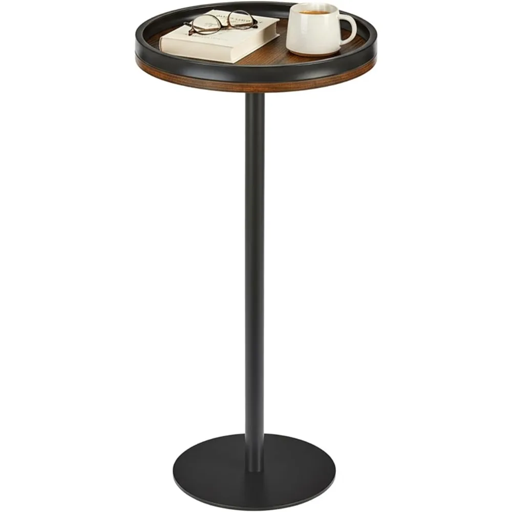 

Compact Round Pedestal Table Weighted Metal Base Wood Tray Top Small Space Sofa Side Drink Stand