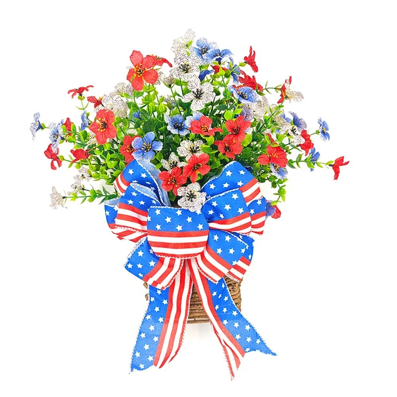 Patriotic Day Flower Basket Decoration For Front Door Independence Day 4Th Of July For Indoor Outdoor Red White Blue