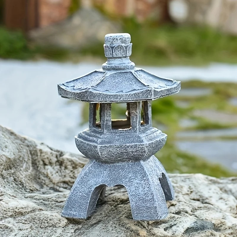 Solar Pagoda Lantern Garden Statue, Indoor/Outdoor Zen Asian Decor for Landscape Balcony, Garden, Patio, Porch Yard Art Ornament, Polyresin, Christmas Gray Stone Finish