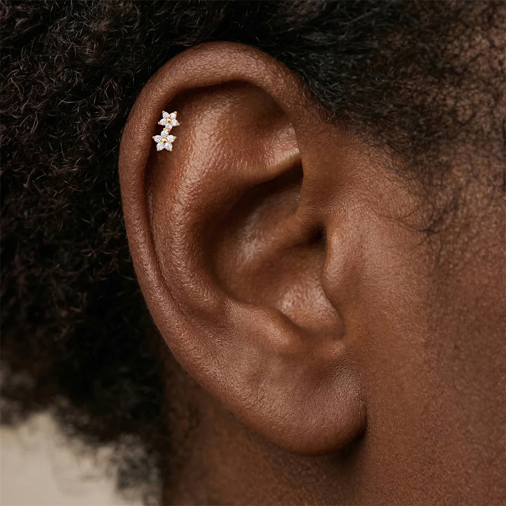 ROXI  1Pc 925 Sterling Silver Five-Petal Flower CA Zircon Women's 18K Gold Plated Cartilage Helix Flat Back Piercing Earrings