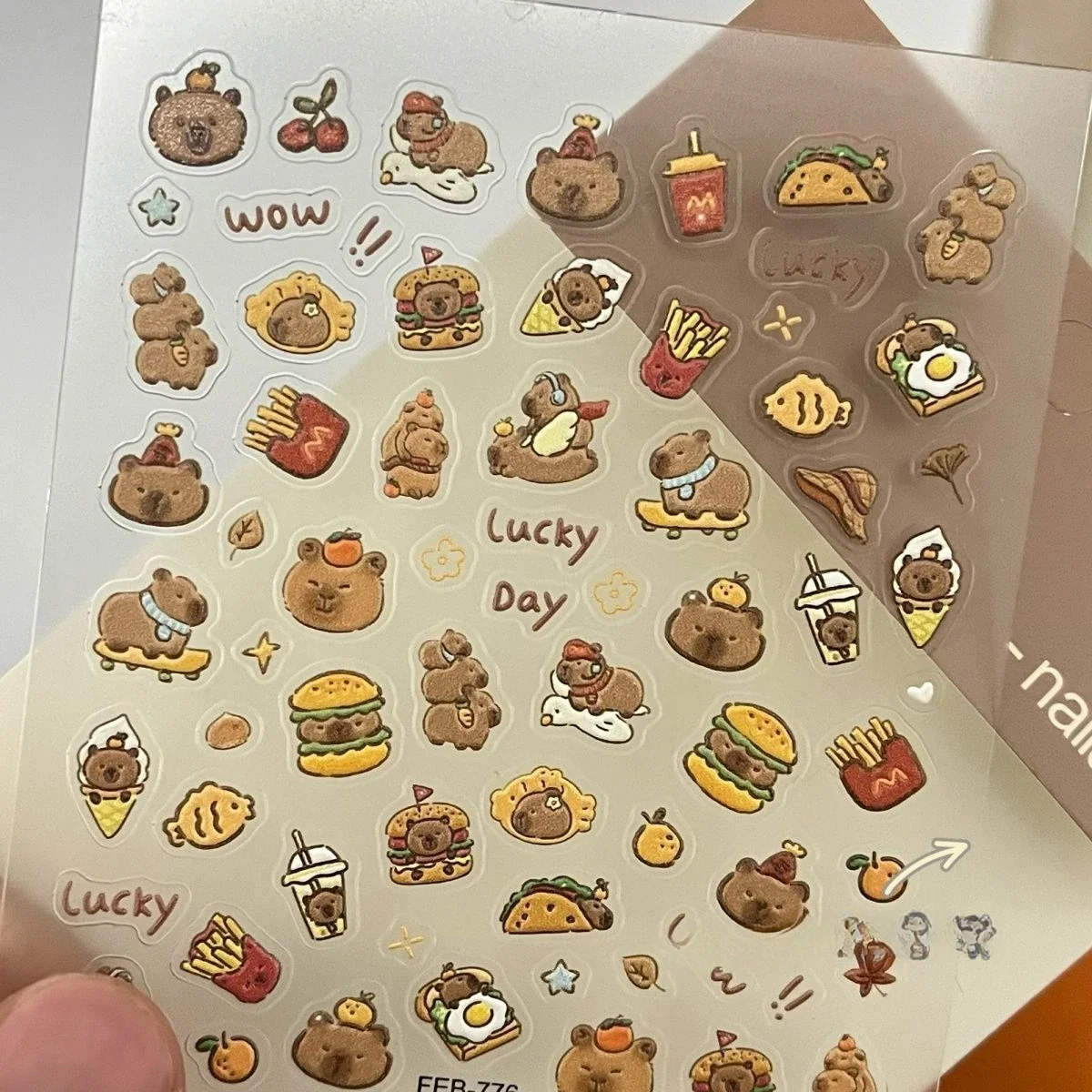 Kawaii Capybara Stickers Cute Funny Hamburger Chibi Capybara Animal Nail Art Fashionable Nail Decal Accessories Lucky Day