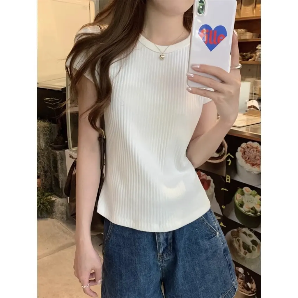 

Korean-Style Women's Solid Color Cotton T-shirt Short-Sleeved Shoulder Pit Design Spring/Summer Fashionable Inner Base Top