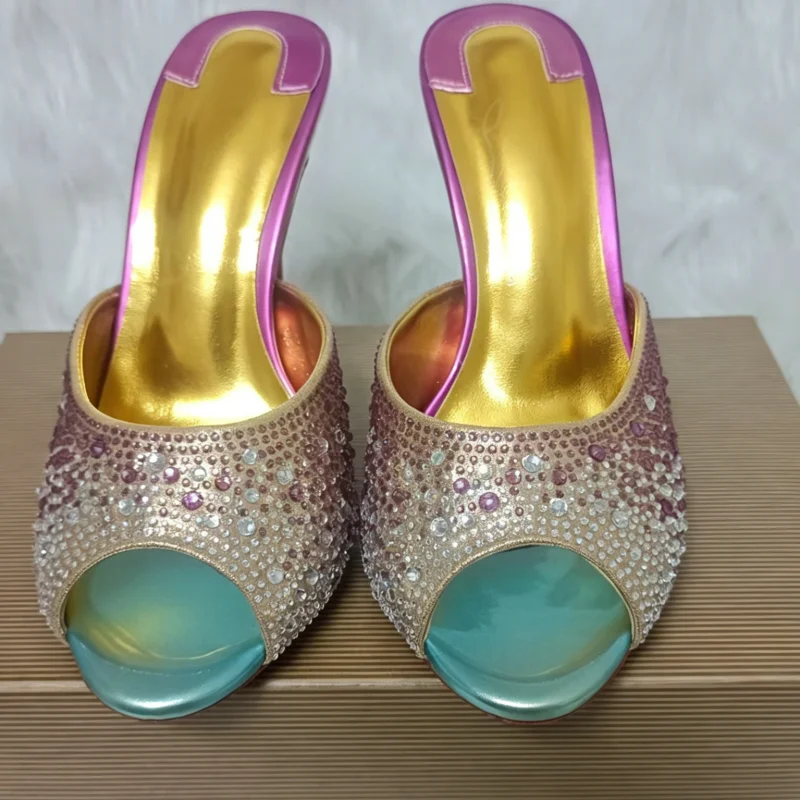 New rhinestone fish mouth sandals for women with slim heels and sexy open toe high heels, women's color blocked sandals 12cm