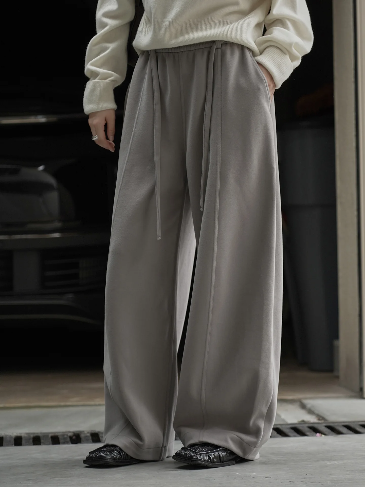 

Winter new Korean version simple casual style curved sense elastic waist casual pants loose wide leg pants for women