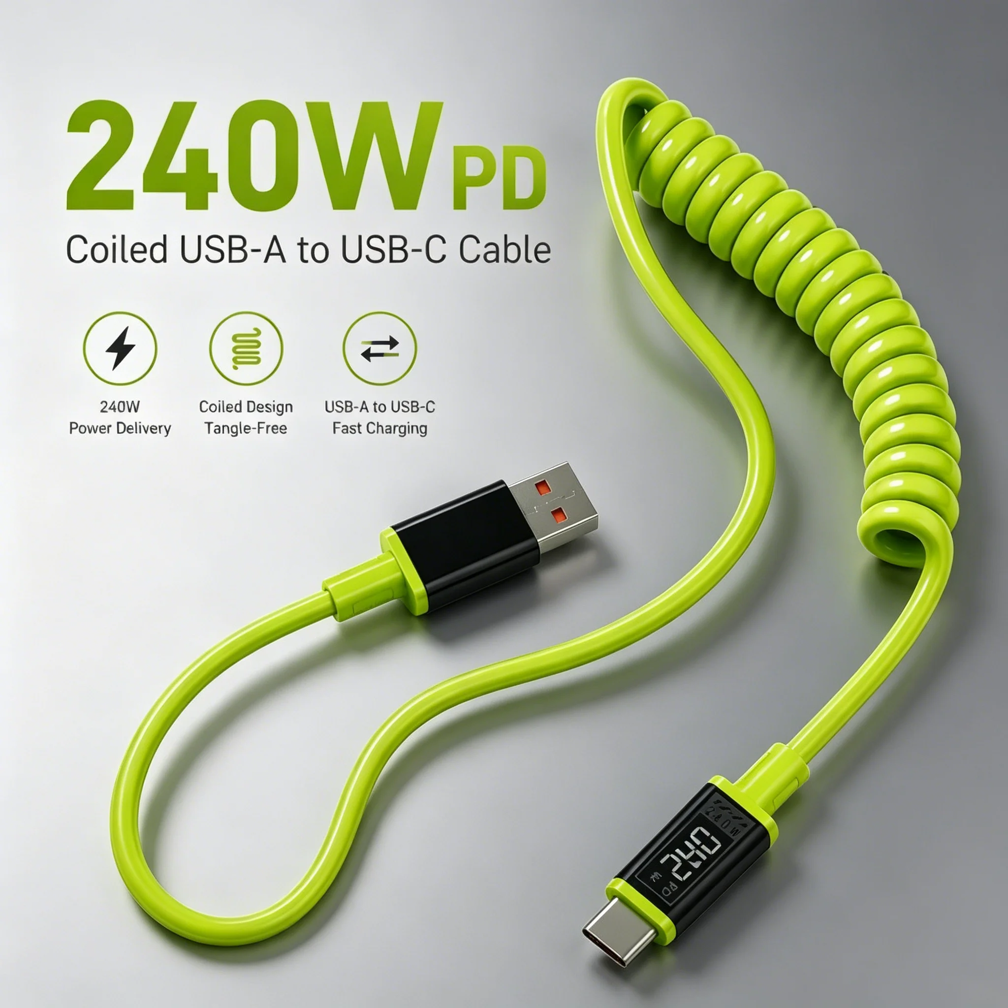 240W USB to Type C Fast Charging Cable Retractable Spring Type C Data Sync Quick Charge Wire in Car for iPhone 17 Samsung Xiaomi