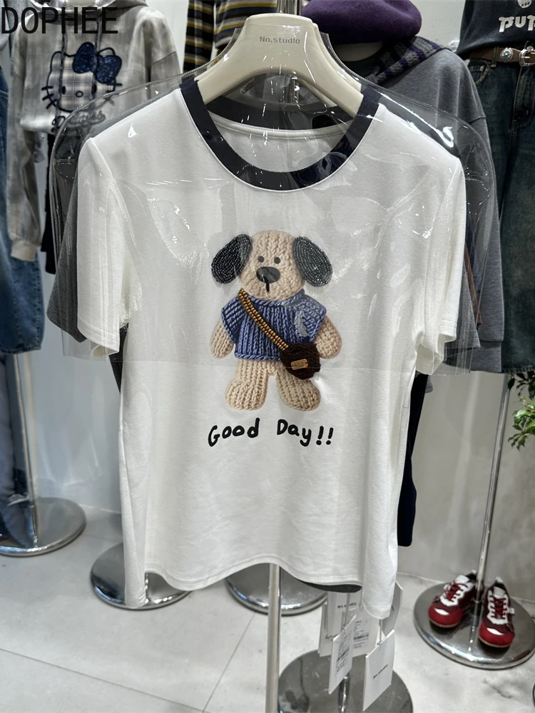 

2025 New Autumn Colorblock O-neck Short Sleeve T-shirt Beading Cute Bear All-match Women Basic Tees Casual Students Cotton Tops