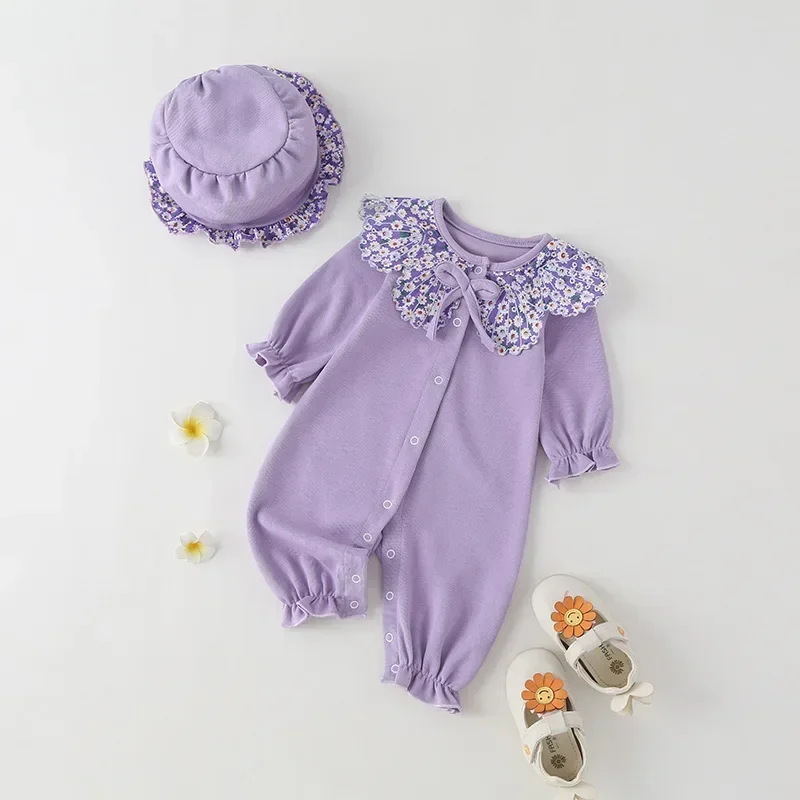 Baby Clothing 2023 Spring Baby Girls Clothes Romper Sweet Purple Daisy Doll Collar Single Breasted Long Sleeve Newborn Outdoor