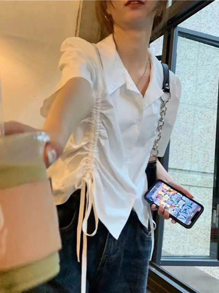 짧은 소매 셔츠 여성 자카드 풍선 슬리브 핀턱 버튼 탑 가을 프랑스 예술적 프레피 학생 젊은 소녀 같은