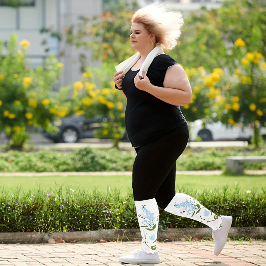 ถุงเท้ารัดกล้ามเนื้อลายดอกไม้คู่ขนาดบวก 4 คู่สำหรับผู้ชายและผู้หญิงถุงเท้ายาวครึ่งน่องสำหรับวิ่ง โยคะ เต้นรำ