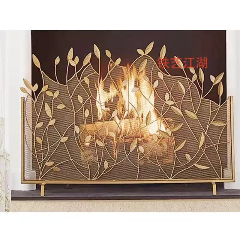 New retro gold single-sided fireplace screen with delicate leaf pattern fireproof flower protective screen