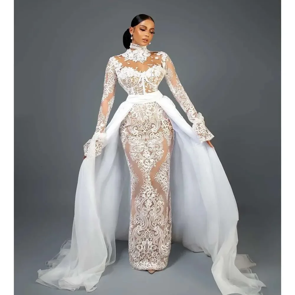 

Luxury Lace Appliques Wedding Dress High Collar Long Sleeve with Detachable Train Floor Length Bridal Gown vestido de novia