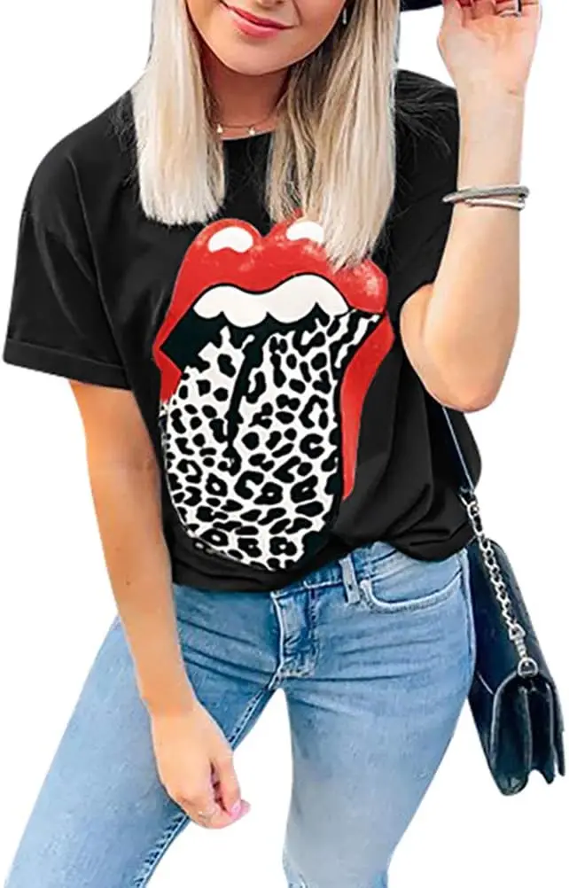 Fuyxxmer Women Red Lip Leopard Tongue Graphic Print T-Shirt Short Sleeve Crew Neck Tee Tops for Teen Girls