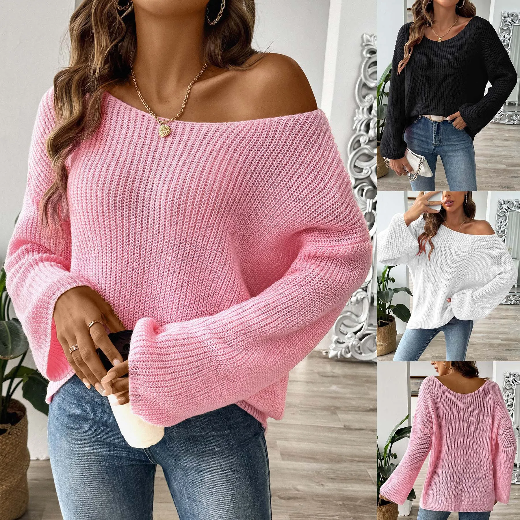Women's Winter Clothing Sale Women's Off Shoulder Boat Neck Bell Sleeve Long Sleeve Loose Fit Solid Color Sweater Streetwear