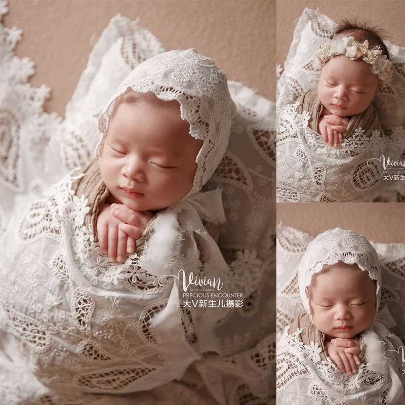 Vintage Floral Lace Swaddle Hat Newborn Photography Outfit Props Breathable Openwork Bonnet and Wrap Set for Baby Photoshoots