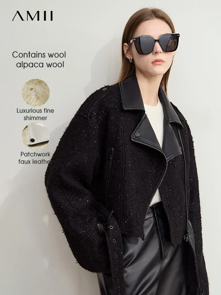 AMII Minimalist Women\'s Locomotive Style Woolen Coat Leather Spliced Oblique Placket with Belt 2024 Winter Cropped Coat 12444068