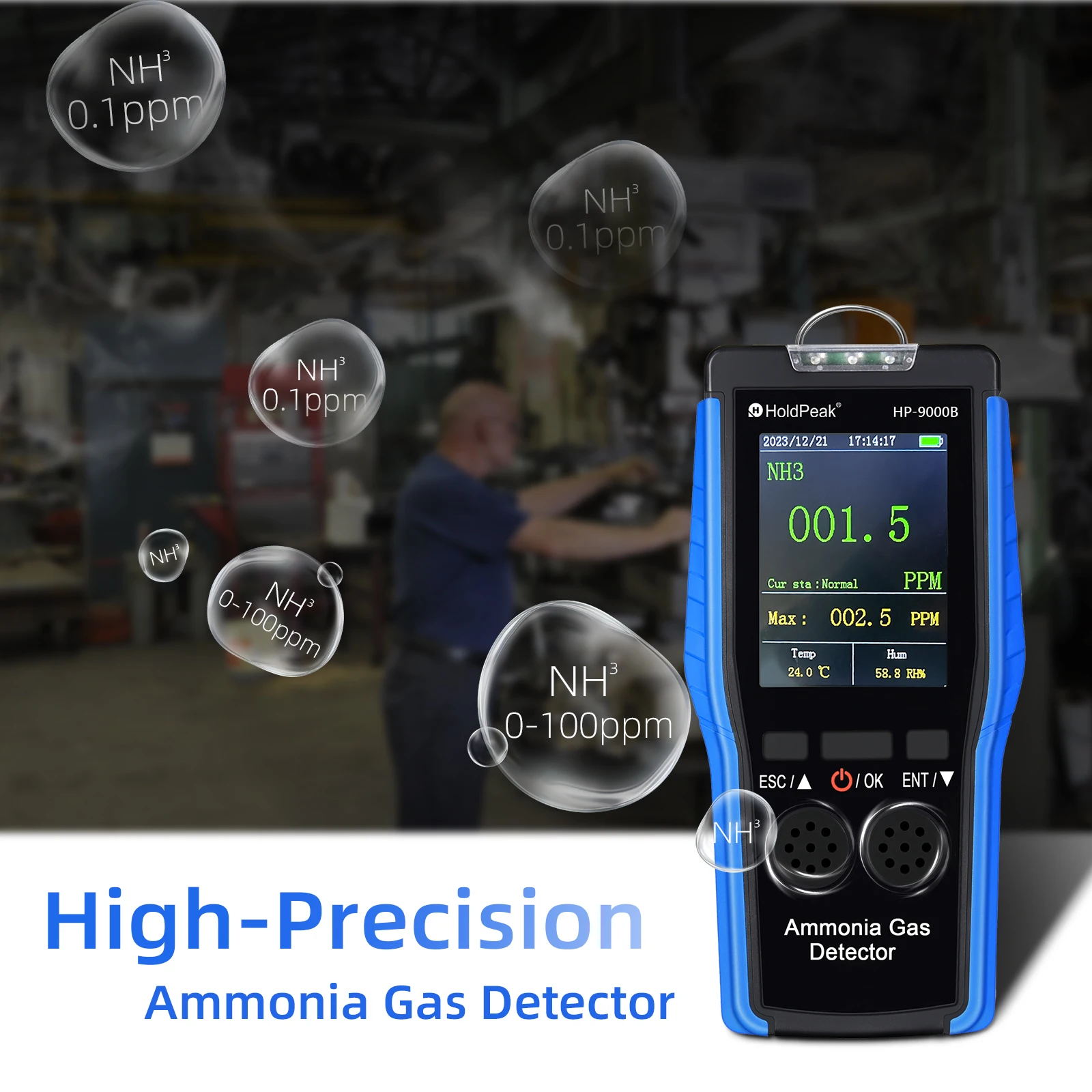 

NH3 Analyzer Ammonia Gas Detector 0-100ppm Handheld LCD Monitor Rechargeable Vibration Alarm for Poultry Chicken Farm