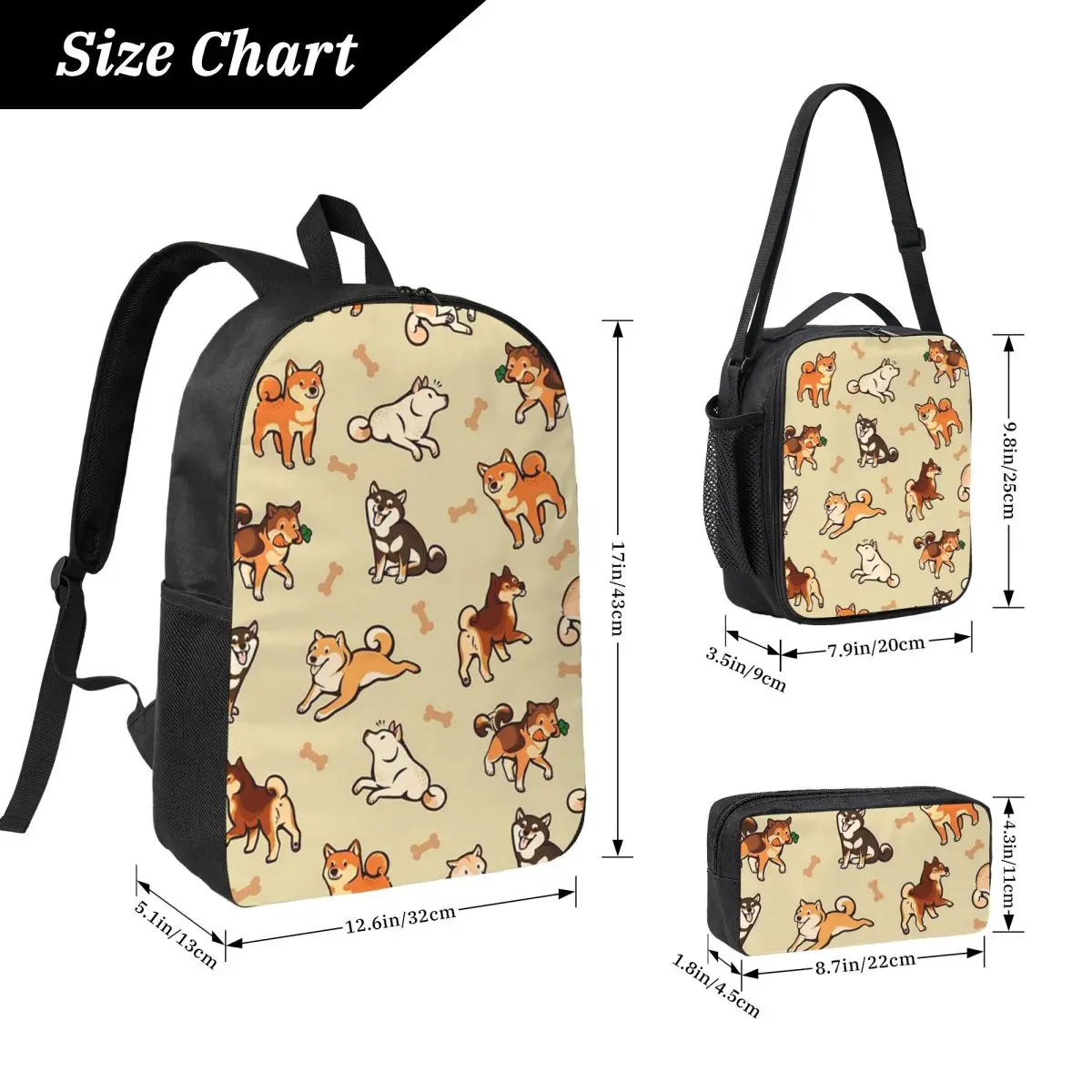 Shiba Inu Lovely Cute Dogs In Cream Backpack BookBag School Bag Laptop Shoulder Bags 3ps Insulated Lunch Bag Pencil Case