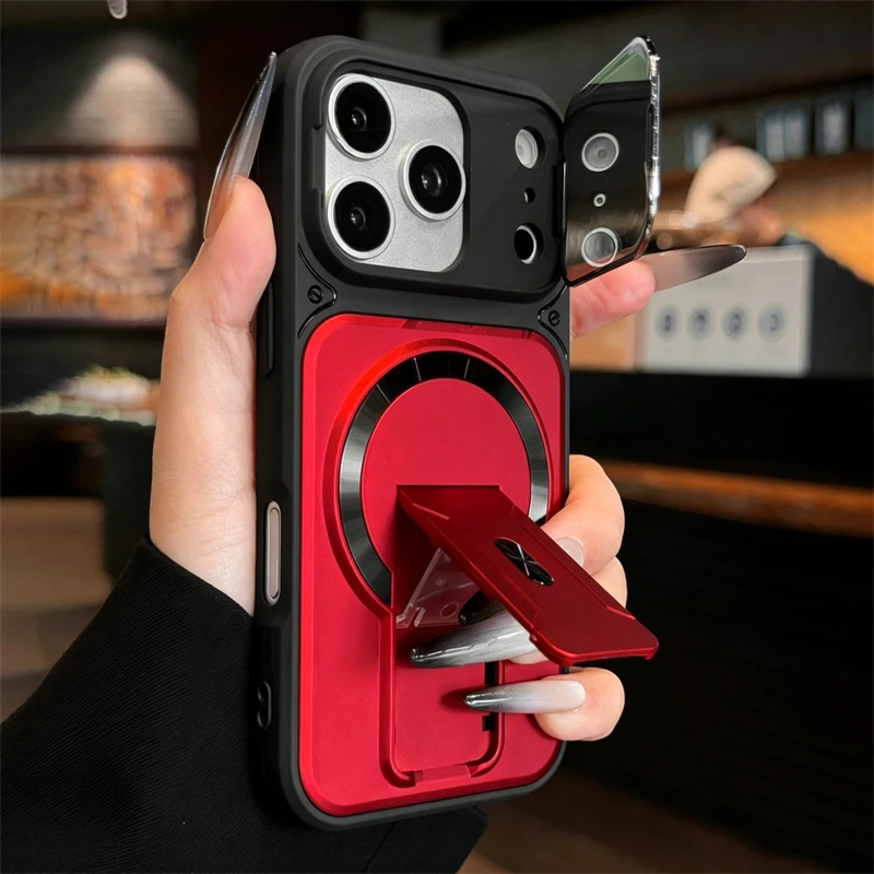 Funda blindada magnética con soporte plegable para iPhone 17 Air 16 15 14 Plus 13 12 11 Pro Max, para Magsafe, con soporte para cámara y protección de lente 2