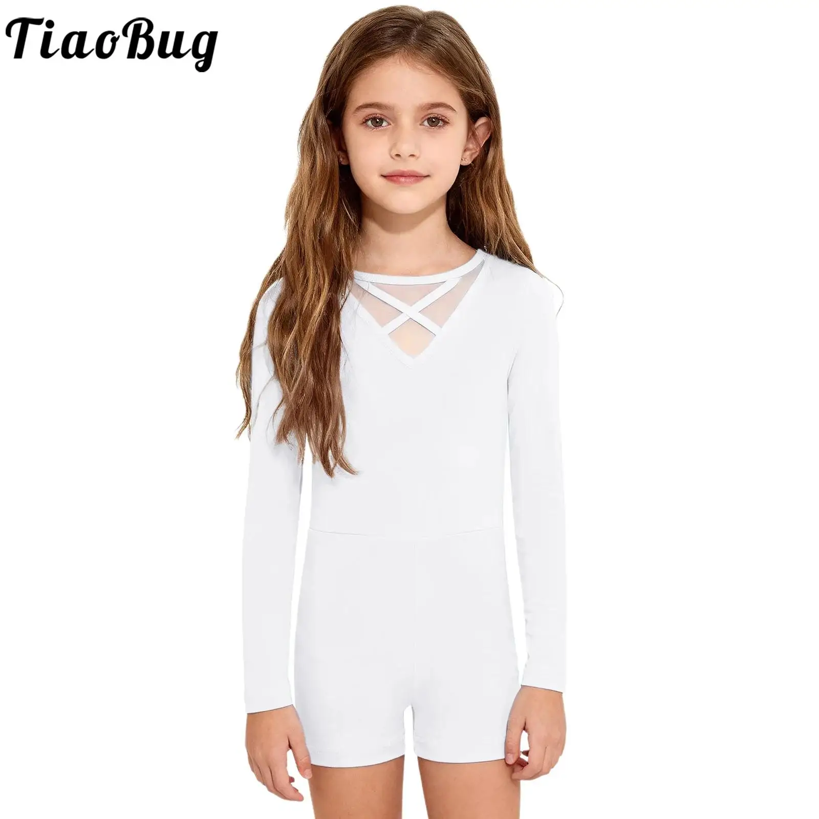 Kids Girls Ballet Dance Gymnastics Leotard Long Sleeves Sheer Mesh Athletic Jumpsuit Ballerina Yoga Workout Practice Bodysuit