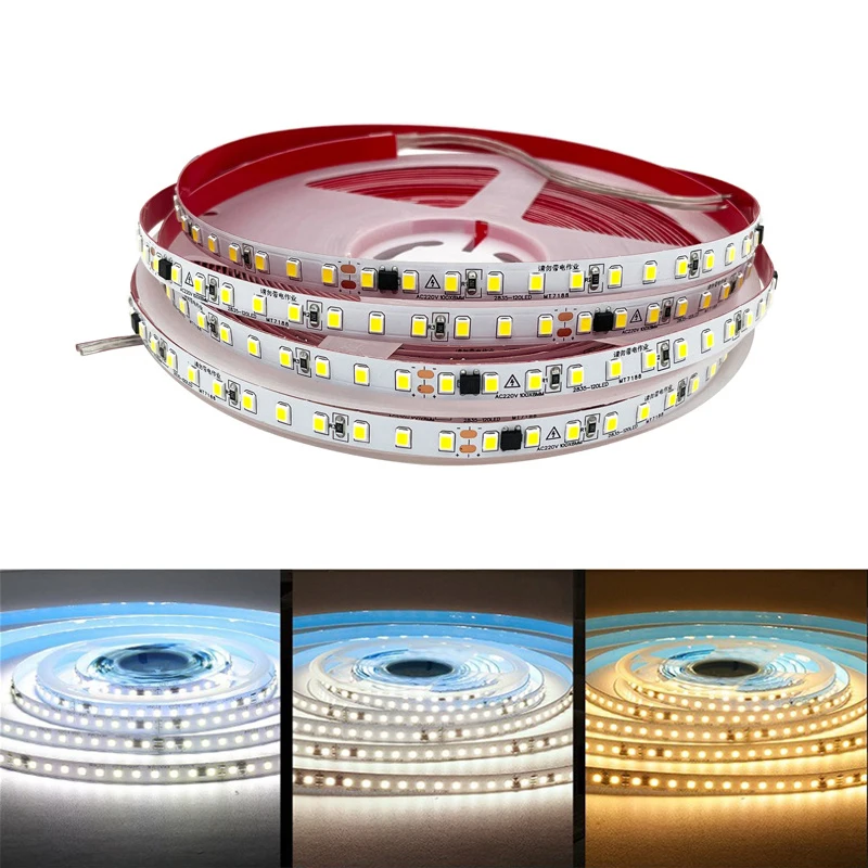 Tira de luces LED de 220V de CA, 2835, 1-20m, 120Led/m, 220V de alto brillo, Blanco cálido/blanco Natural, Flexible y cortable