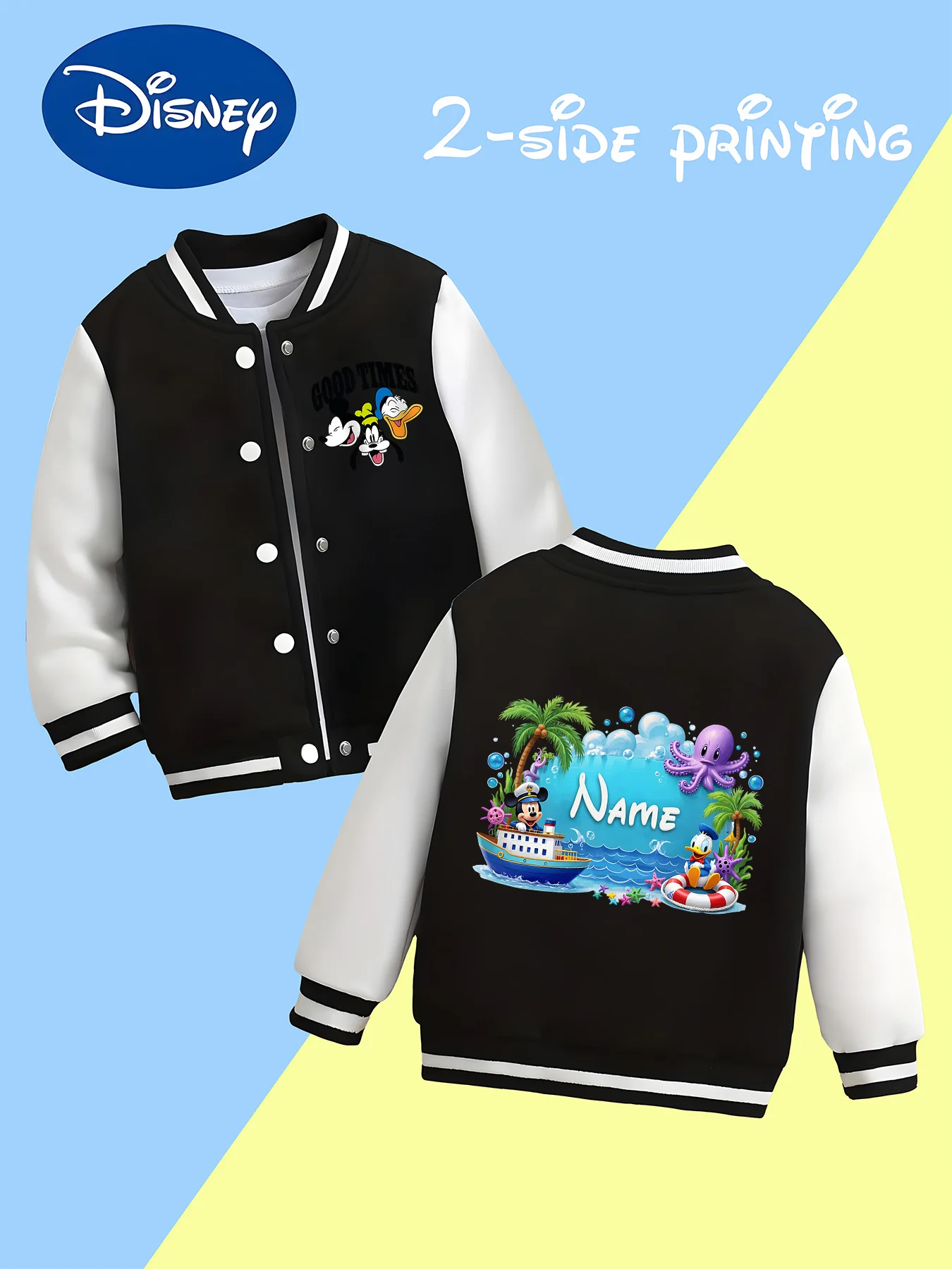 

MINISO Disney Mickey Mouse Ocean Adventure Baseball Jacket for Kids - Double-sided ocean elements and characters, perfect for be