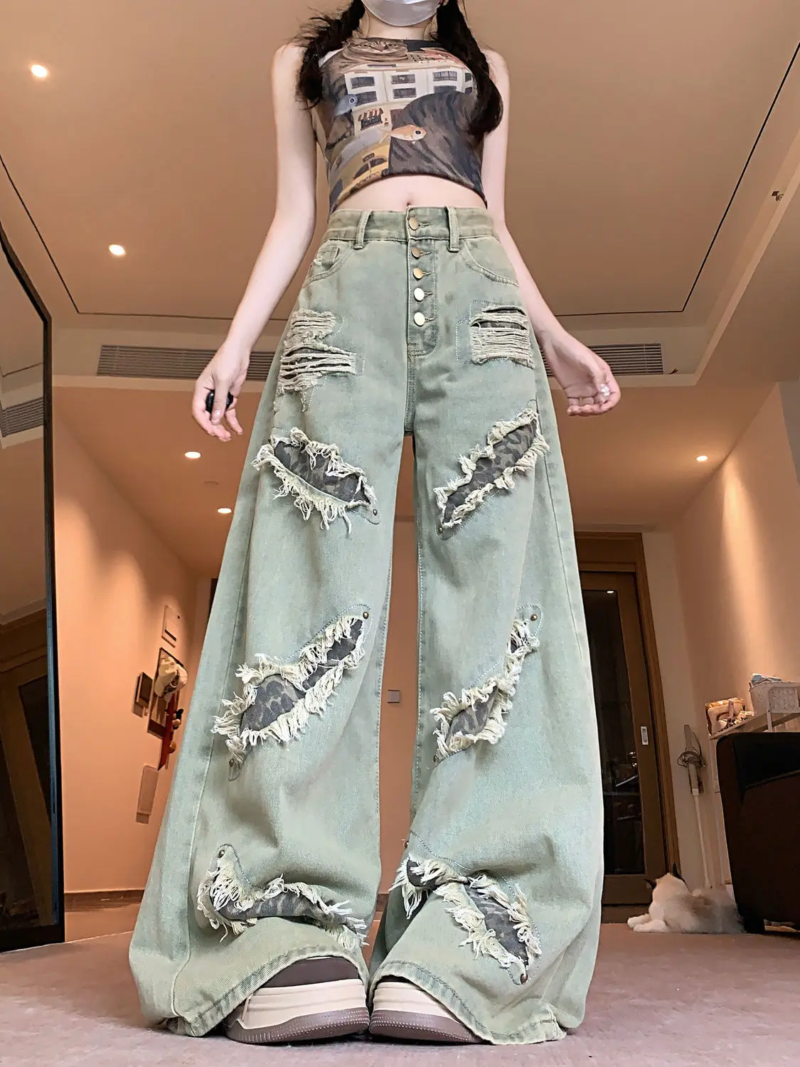 

American Retro Wasteland Fengshui Washing Old Ripped Jeans Women Spring Autumn New Style High-End Niche Wide-Leg Floor Trousers