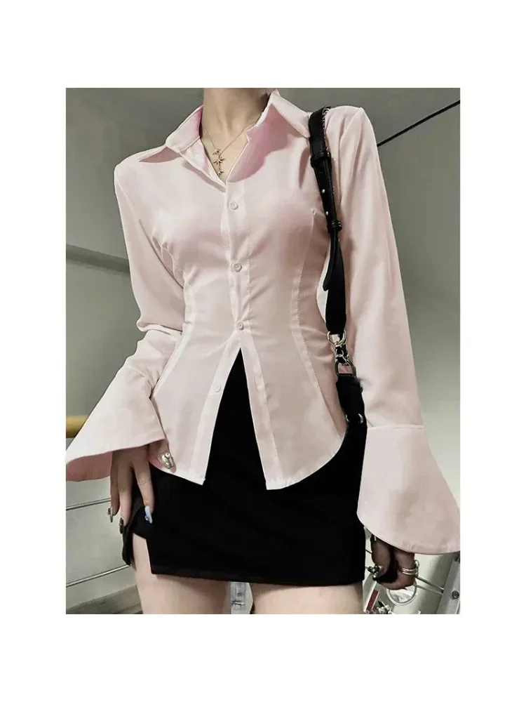 2024 Women Sexy Solid Color Slim Chiffon Shirt Turn-down Collar Flare Sleeve Tunic Bandage Design Vintage Female Blouses