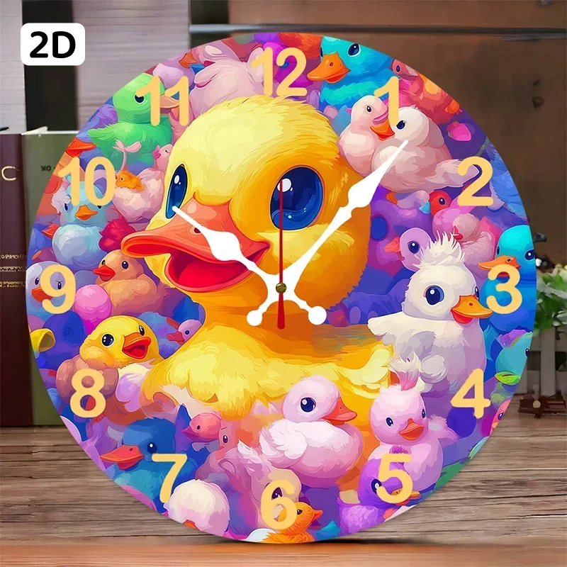 Colorful Duckling Wall Wooden Round Silent Hanging Wall Clock,Suitable For Living Room,Office,Study Room,Bedroom,Home Decoration