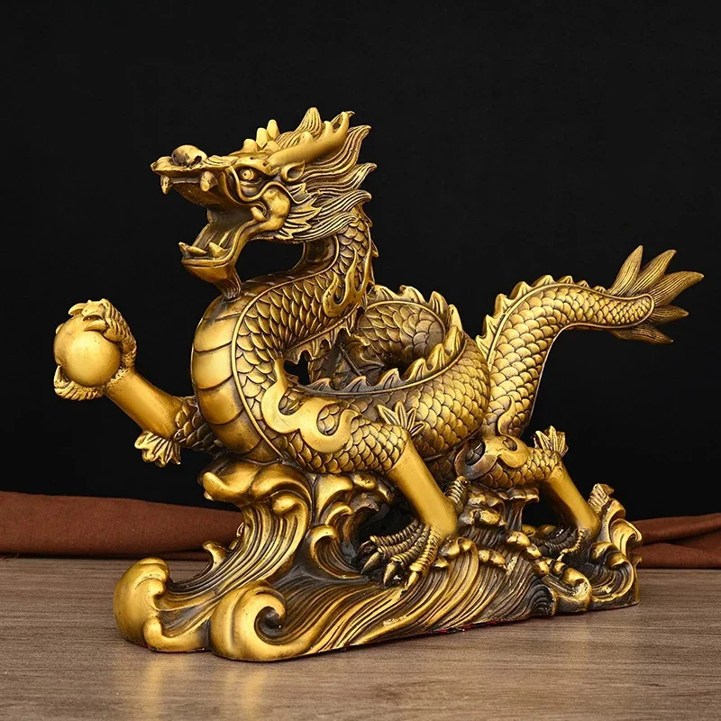 [Copperware] Brass Ornament: Golden Dragon Playing with Pearls, Decorative Piece for Home, Living Room, Office, Zodiac Dr