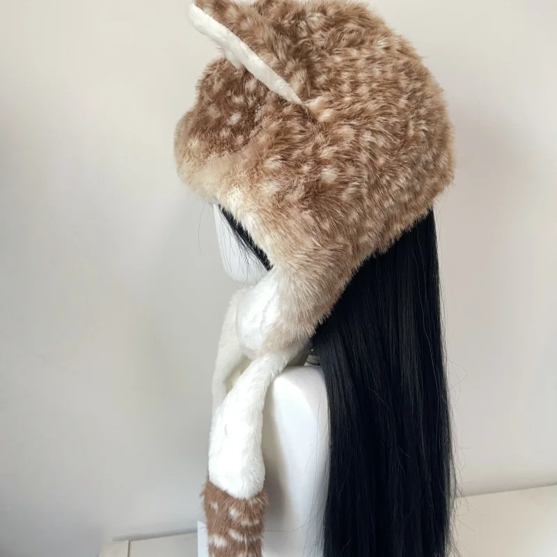 New Harajuku Kawaii Reindeer Hat Faux Fur Plush Winter Warm Furry Ear Protection Cap Christmas Subculture Y2K Girl Punk Hats
