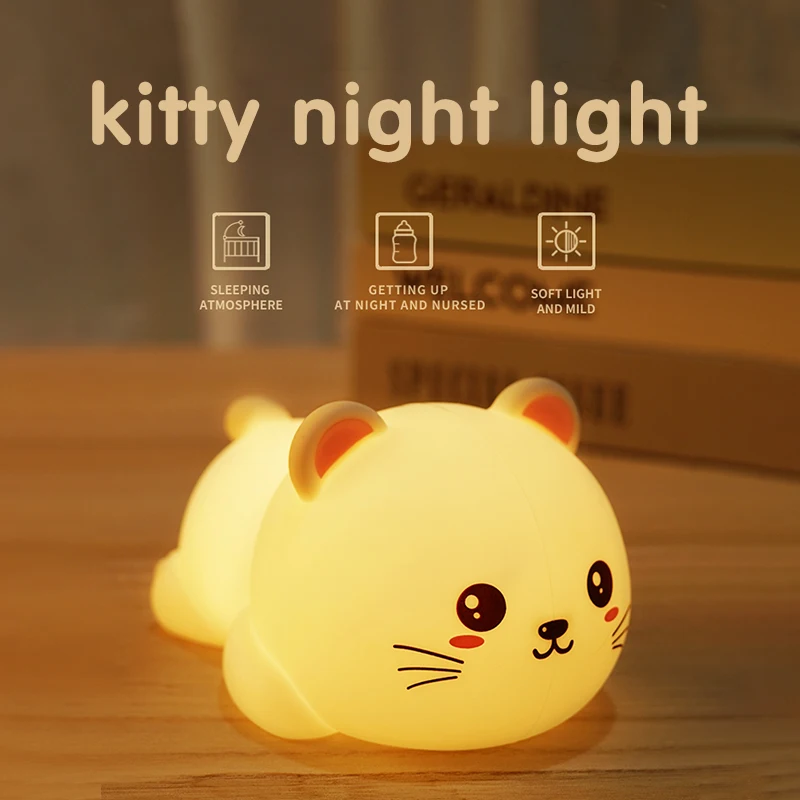 Veilleuse en silicone chat mignon, lampe de chargement USB, lampe de chevet pour chambre d'enfant, lumière douce, soins oculaires, est encore un bon cadeau