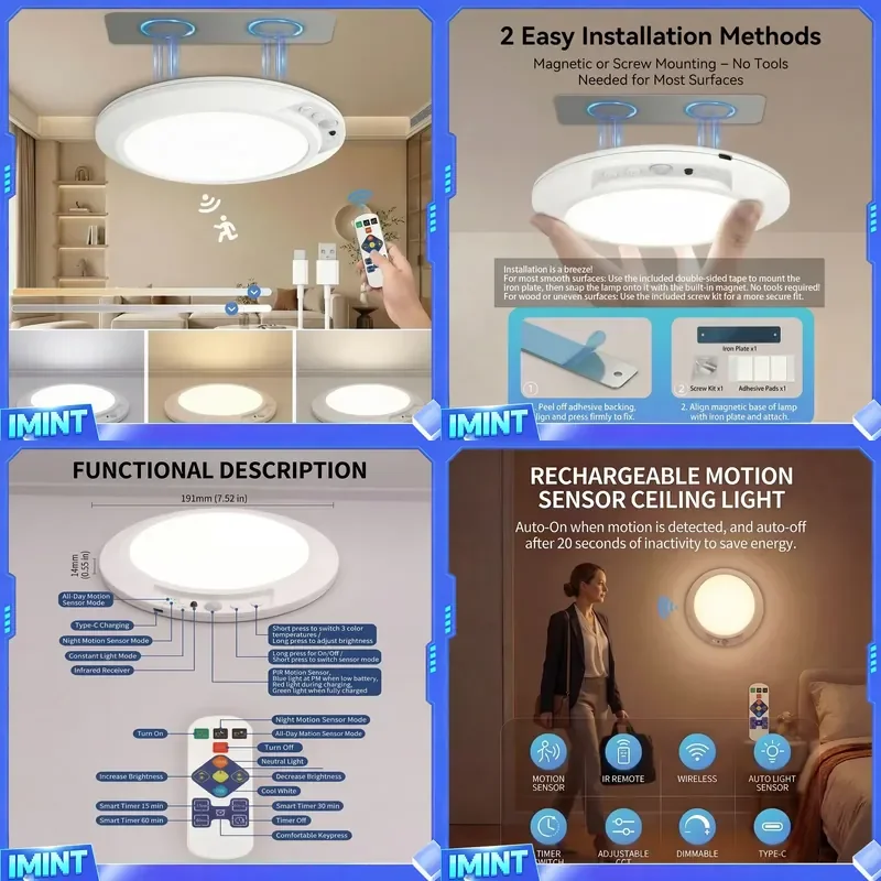 Motion Sensor Ceiling Light USB Type-C Rechargeable Magnetic Lamp Wireless Wall Lamp Remote LED Night Light For Kitchen