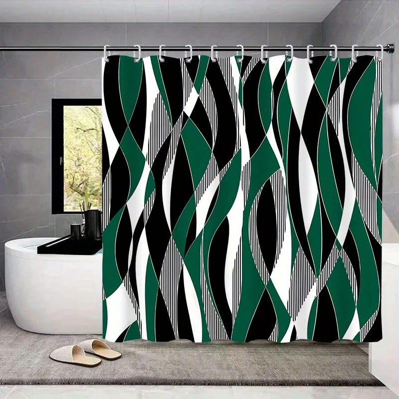 1/4pcs Green Stripe Pattern Shower Set, Waterproof Bath Curtain With Hooks, U- , Toilet Cover , L-shaped Mat