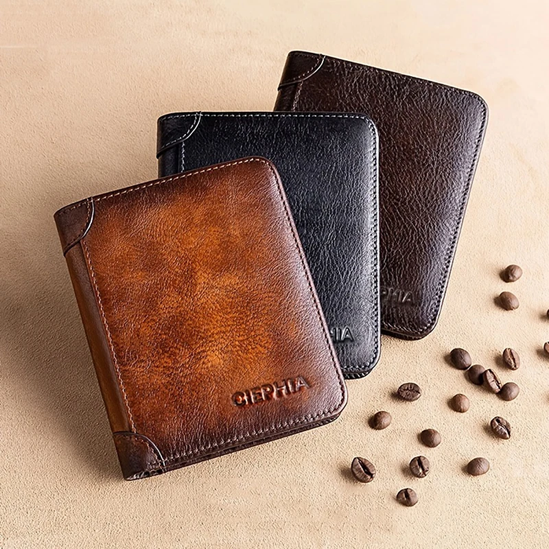 Men's Genuine Leather Wallet RFID Anti-theft Brush Head Layer Cowhide Retro Casual Vertical Multi-Function Money Bag Money Clips