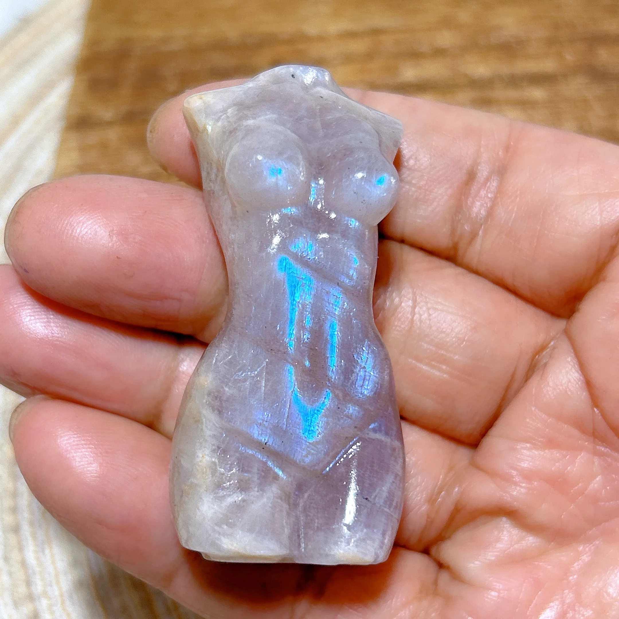 Healing Natural Crystal Blue Flashy Moonstone With Sunstone Goddess Body Carving Energy Gemstone Home Decorations Gift