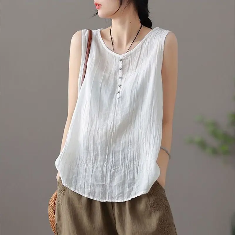 

Pure Cotton Commuter 2024 Summer New Women's Crew Neck Button Minimalist Fashion Vintage Loose Sleeveless Casual T-shirt Tops