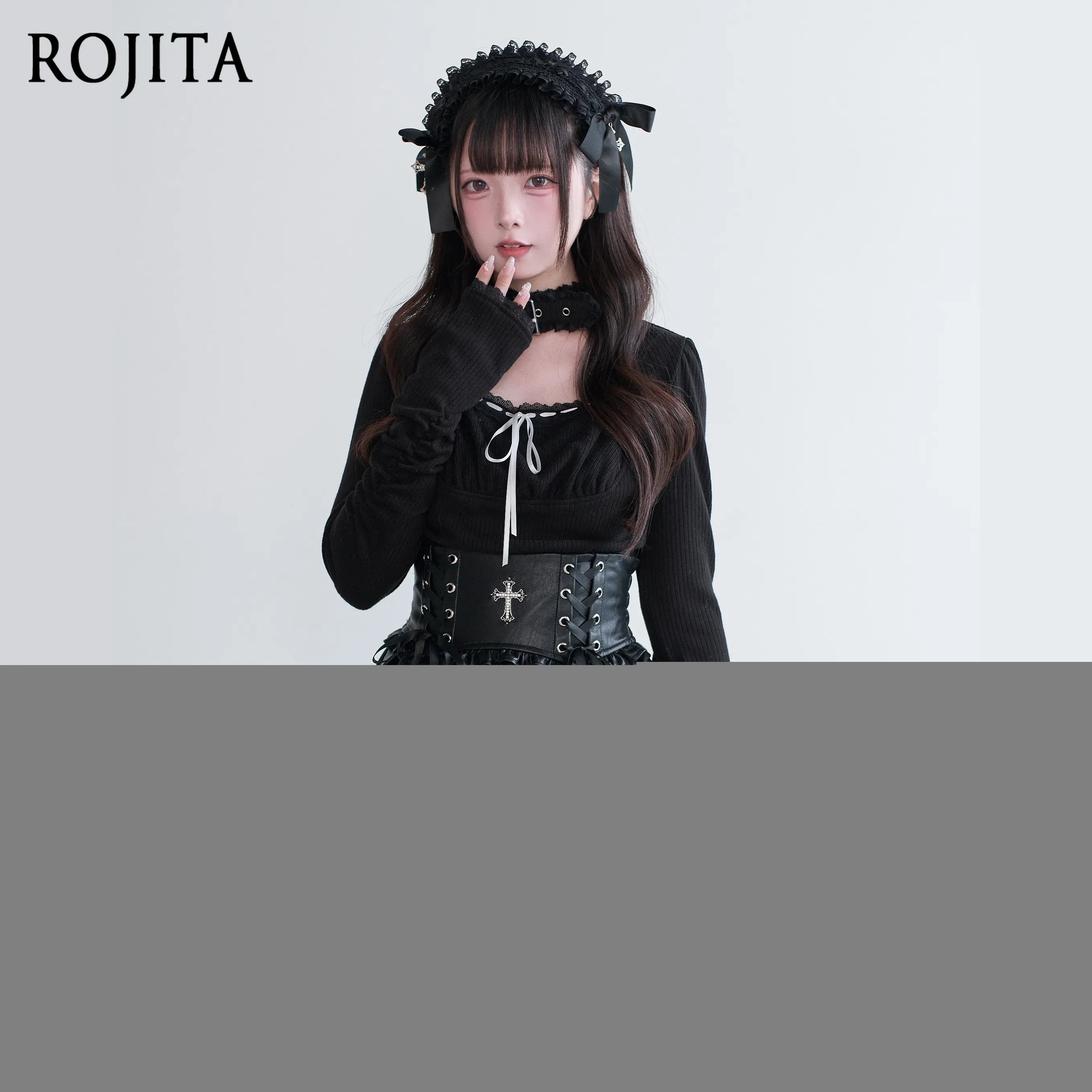 

Sweet Gothic Lolita Two-Piece Outfit White Lace Trim Long Sleeve Top Black Faux Leather Ruffle Mini Skirt with Cross Buckle