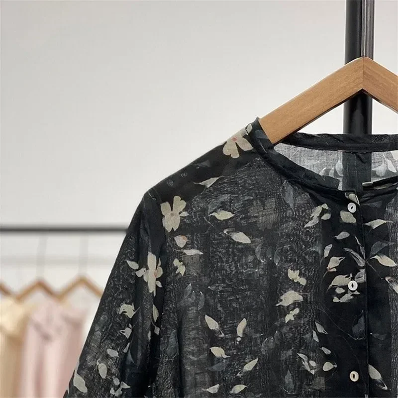 Chemisier en lin à imprimé floral rétro pour femmes, chemise élégante à simple boutonnage, col rond, manches 3/4, niche ary