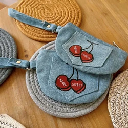 Cute Cherry Denim Wallet Handbag Zipper Coin Purse Travel Portable Makeup Bag Key Earphones Lipstick Storage Pouch Wrist Bag