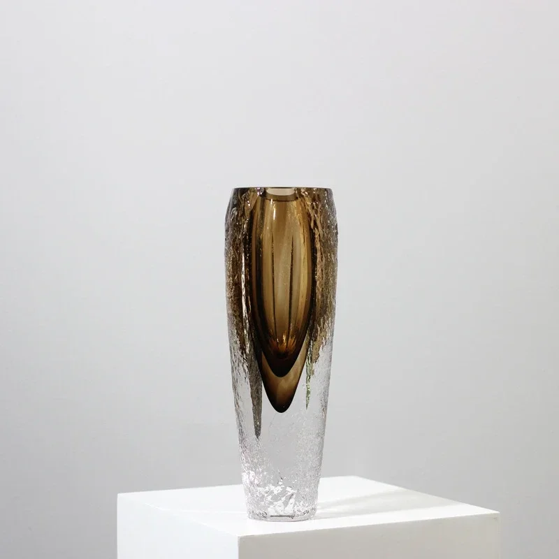 *Yd^ Vase Hammer Cut Brown Glazed Vase Decorative Handicraft Ornaments Flower Arrangement Terrarium Home Decoration Accessories