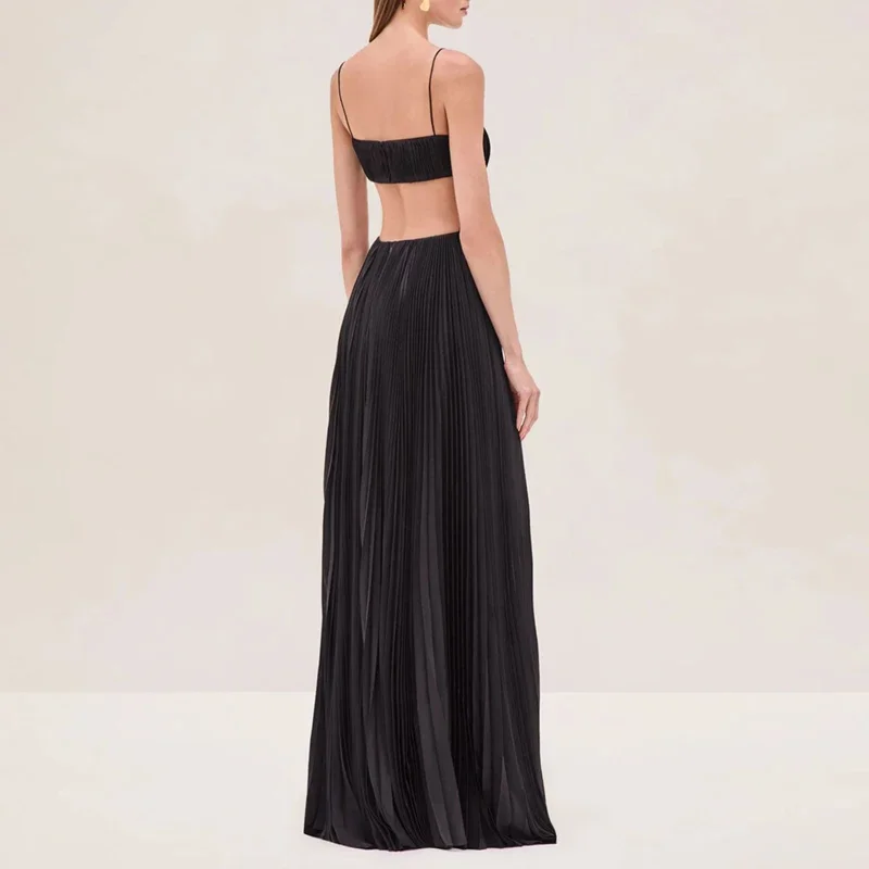 Abito da donna sexy a vita alta con fionda cava Moda Boho pieghettato a-line maxi abiti da vacanza senza maniche abito da ballo solido senza schienale