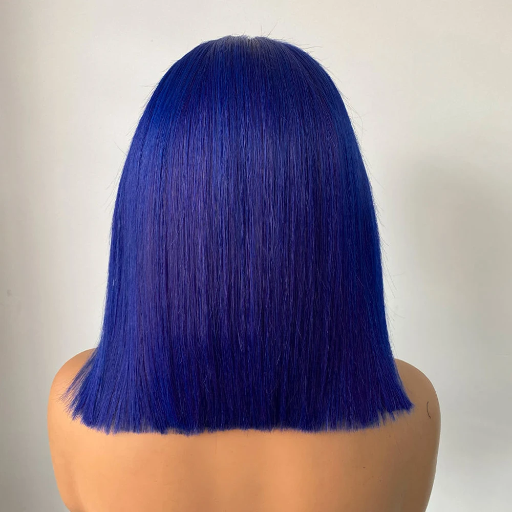 Perruques brésiliennes en cheveux humains 100% naturels, coupe bob droite bleue, avec dentelle frontale 13x4 et dentelle HD 4x4, pour femmes noires
