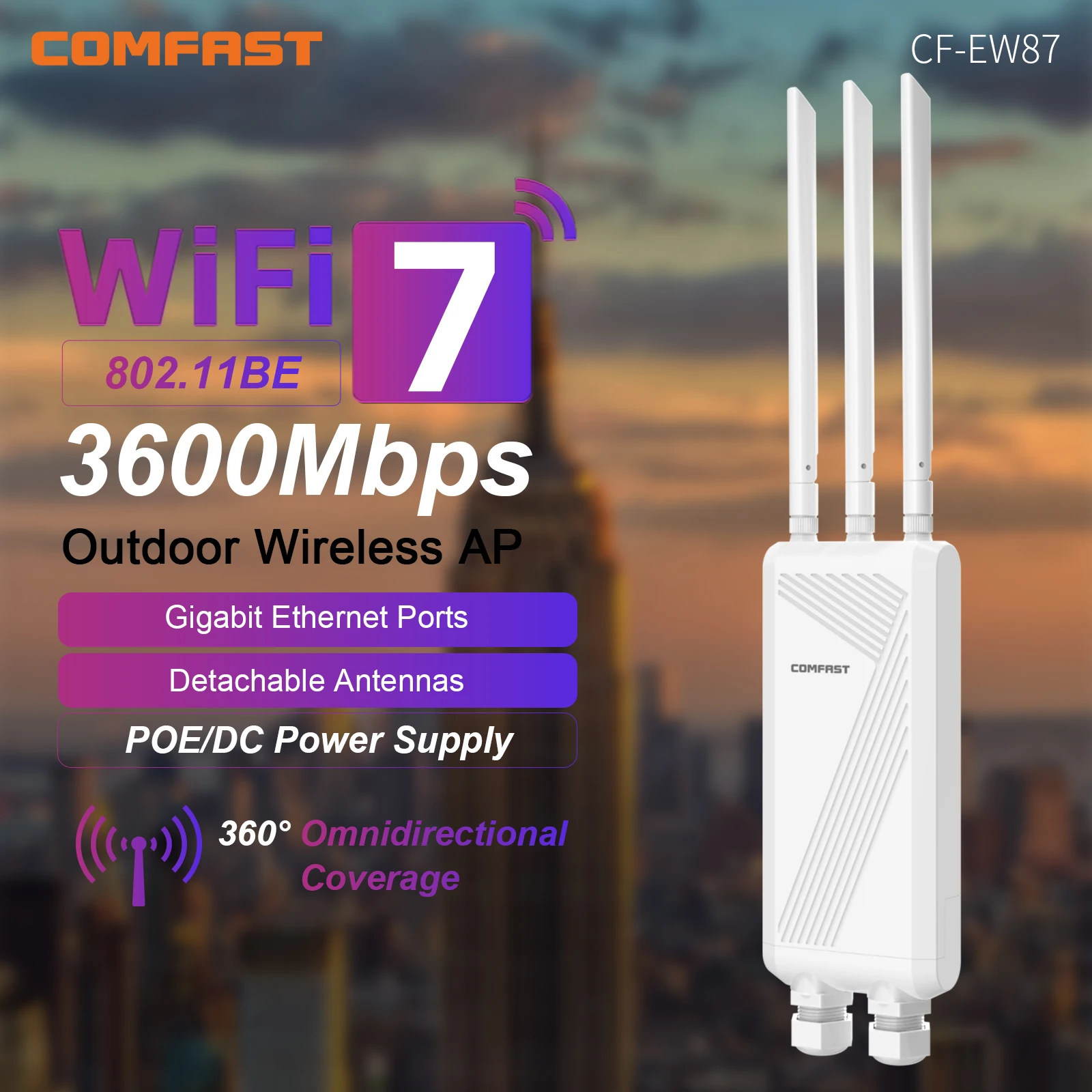 Comfast WiFi7 3600Mbps Outdoor CPE Wireless Access Point AP 2.4GHz 5.8GHz Dual Band Repeater Router with POE Adapter WiFi Antenn
