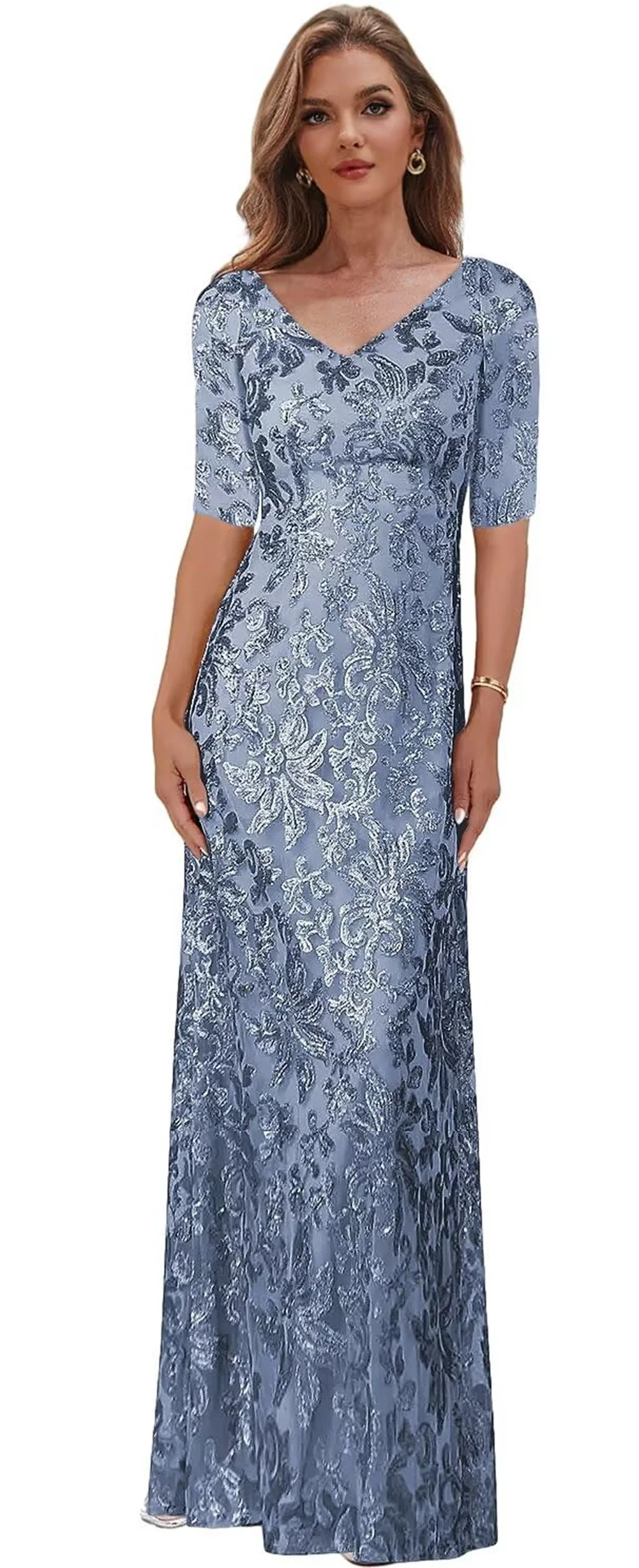 

Customize Sequin Lace Mother Of The Bride Dresses With Sleeve Half V Neck Long Formal Prom Evening Dress For Women Wedding Guest