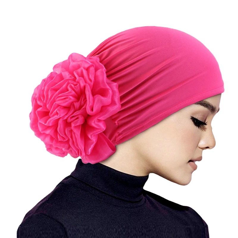 Women\'s Hijabs Turban Big Flower Elastic Cloth Hair Bands Hat Beanie Ladies Muslim Solid Hair Loss Scarf Cap Hair Accessories