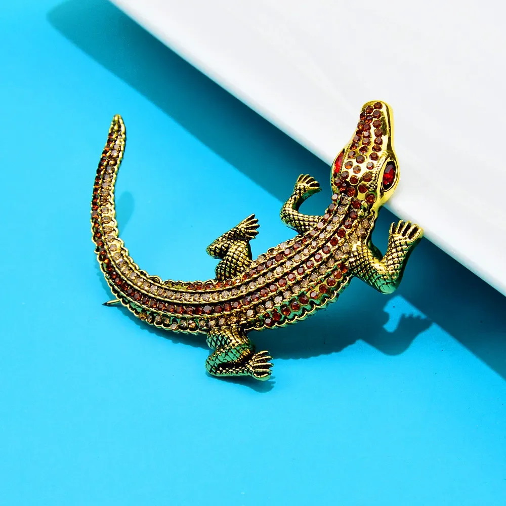 Blucome 2023 New Rhinestone Crocodile Brooch Fashion Small Animal Brooch Retro Large Brooch 3 Colors