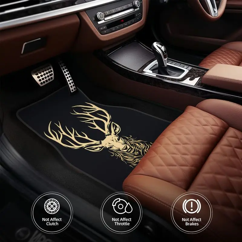 4Pcs Car Floor Mat, Golden Stag Head Pattern, Stylish Automotive Floor Mat Accessory