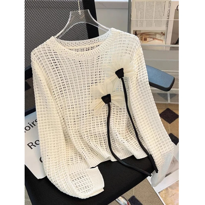 Women Clothing Korean Sexy Hollow Out 3D Flower Design Chic Knitted Sweater Casual O Neck Long Sleeve Black White Pullover Tops