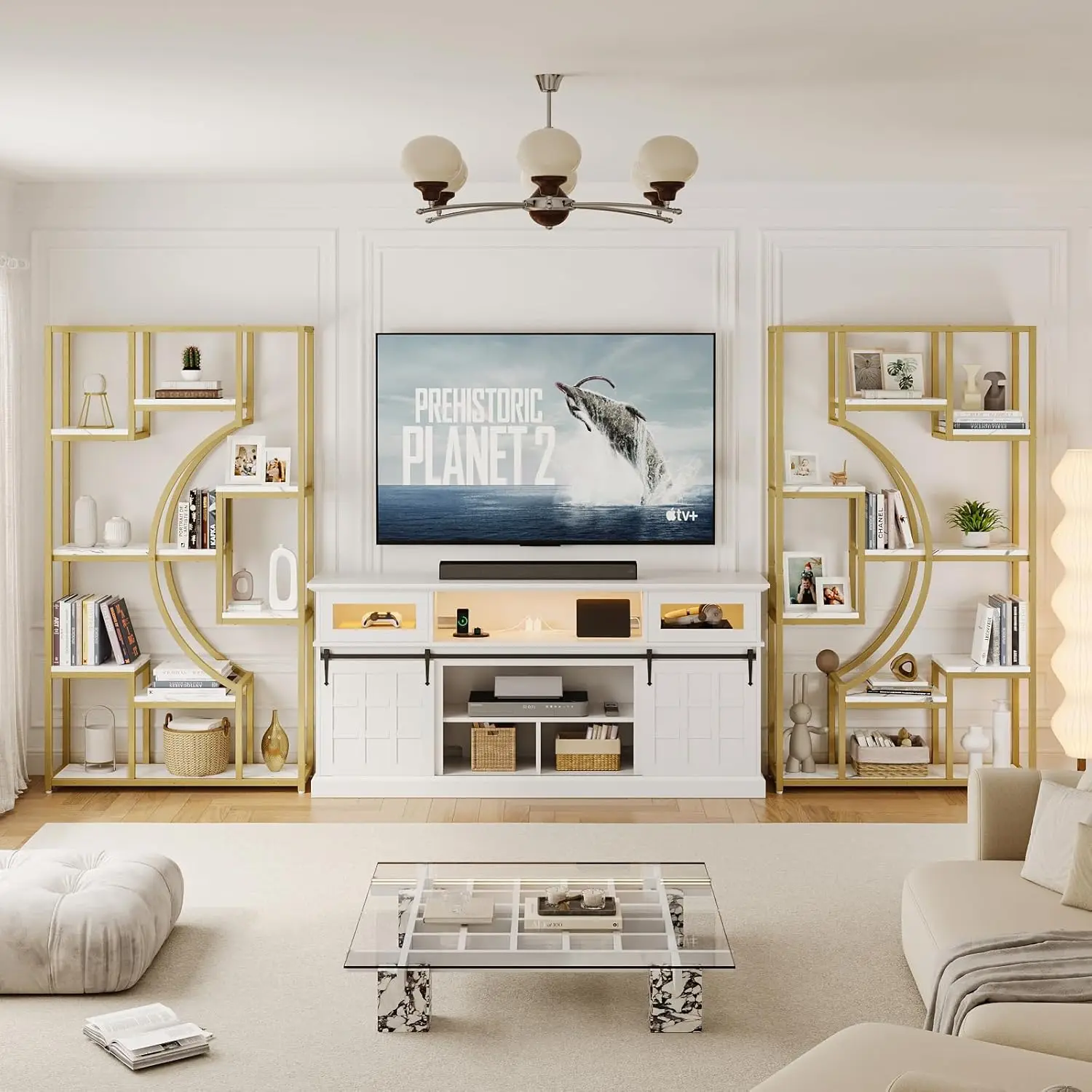 مجموعة أرفف كتب Etagere باللونين الأبيض والذهبي الحديث مقاس 70.8 بوصة مكونة من رفين بإطار معدني هندسي لغرفة المعيشة والمكتب المنزلي #4