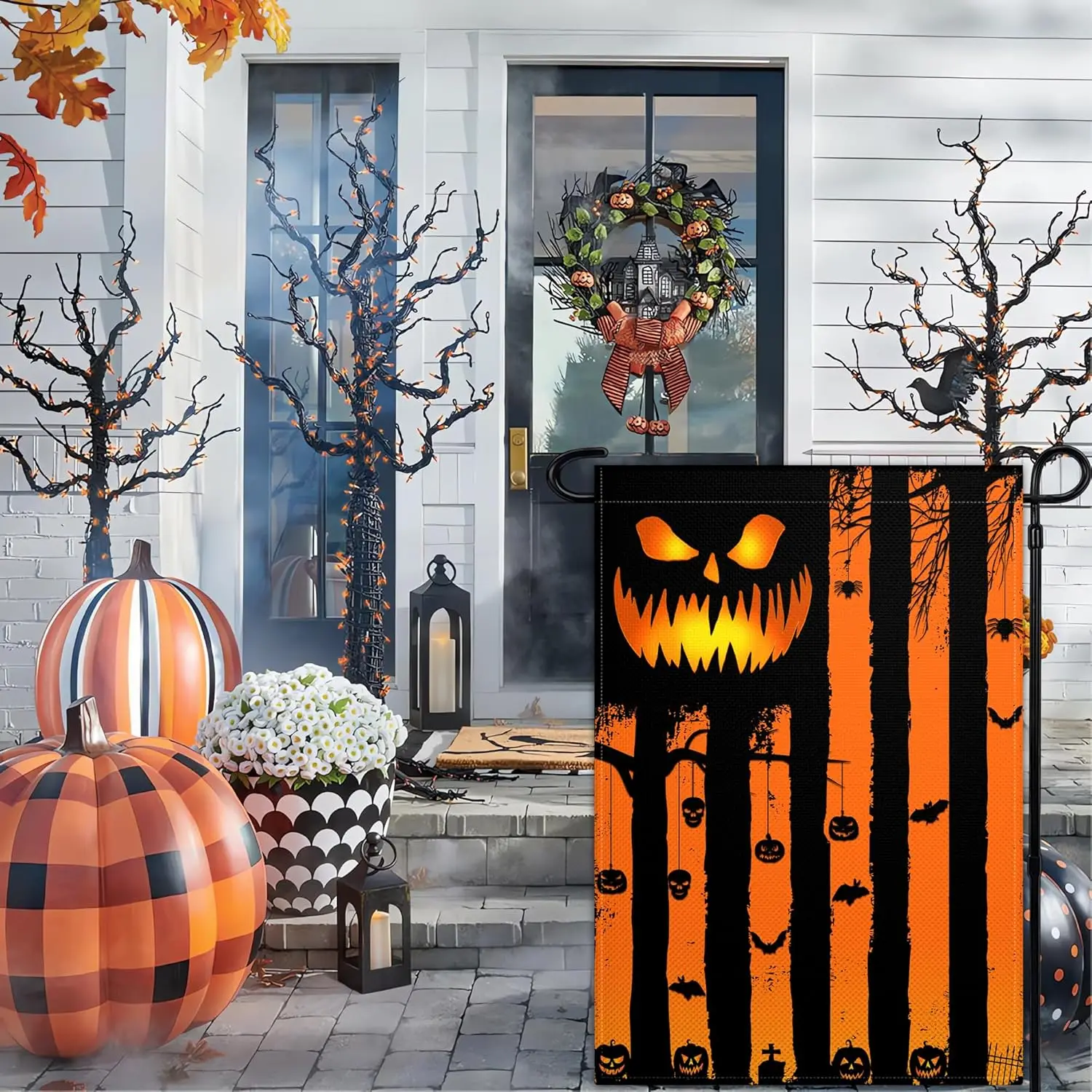 Halloween Garden Flag for Outside 12x18 Inch Double Sided Scary Pumpkin Garden Flag Skeleton American Flag for Indoor House  zzo